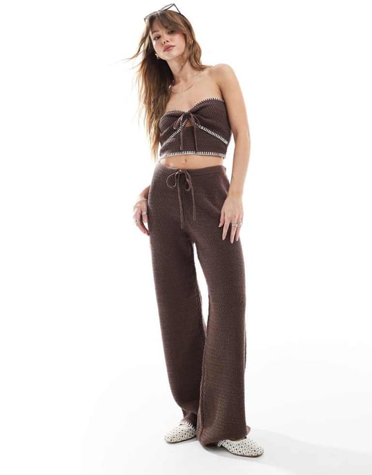 4th & Reckless knitted contrast stitch cut out bandeau beach top co-ord in chocolate - Image 2