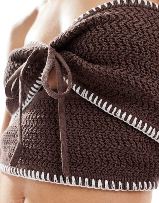 4th & Reckless knitted contrast stitch cut out bandeau beach top co-ord in chocolate - Image 3