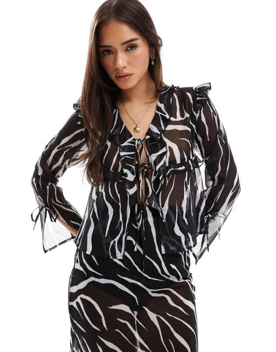 Esmee Exclusive sheer tie front beach top with ruffle trim in zebra - Image 1