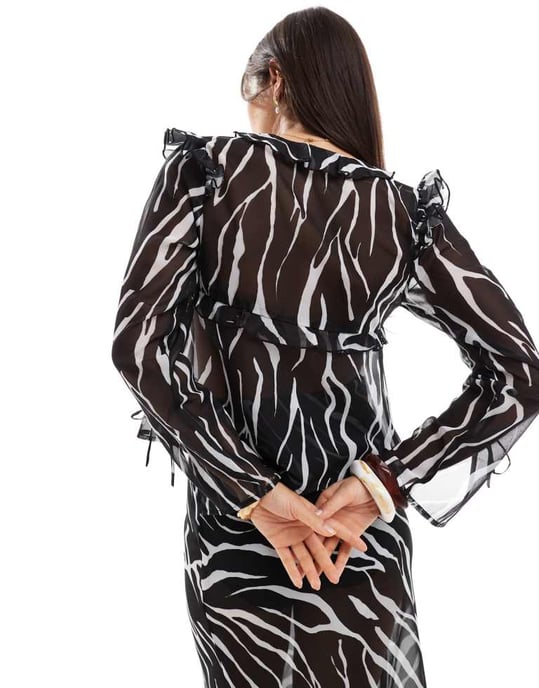 Esmee Exclusive sheer tie front beach top with ruffle trim in zebra - Image 2
