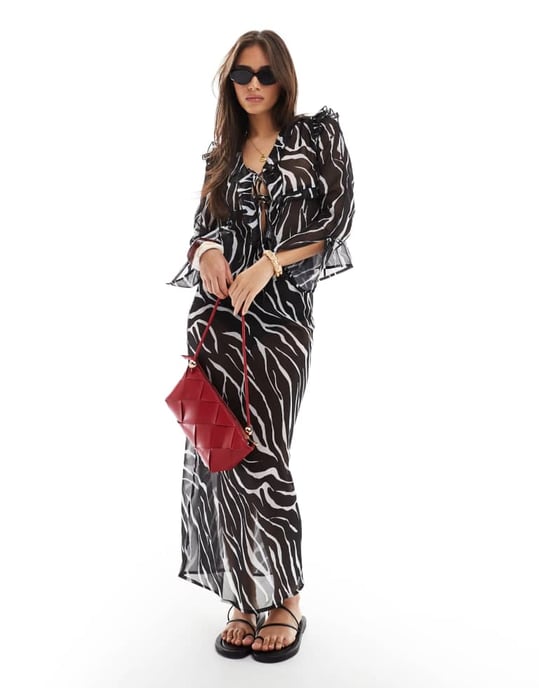 Esmee Exclusive sheer tie front beach top with ruffle trim in zebra - Image 4