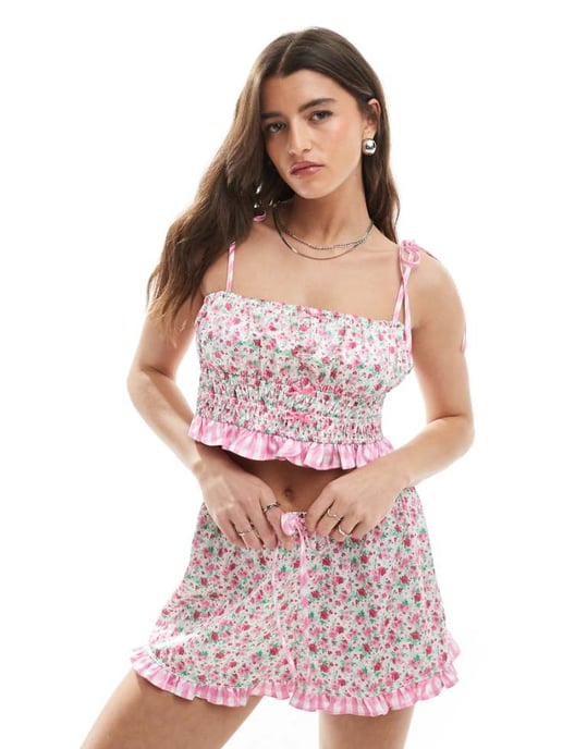 The Frolic exclusive shirred satin contrast gingham ruffle hem cropped pyjama top co-ord in pink floral - Image 1