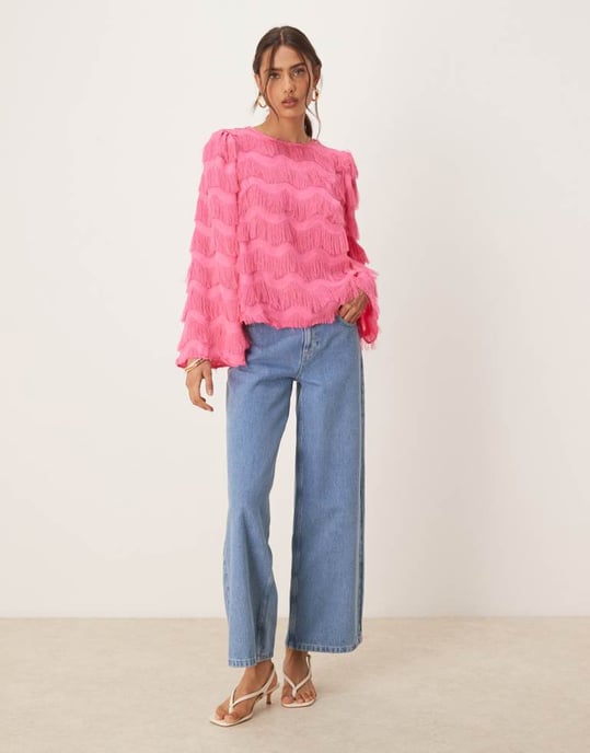 YAS texturerad blus med utsvängda ärmar i rosa - Image 3