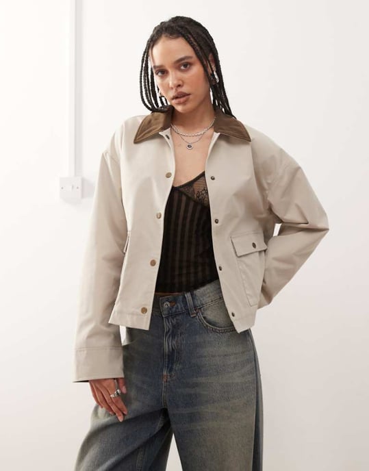 Noisy May contrast collar lightweight barn jacket in stone - Image 1