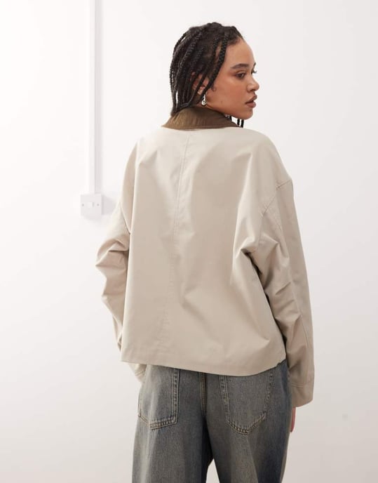 Noisy May contrast collar lightweight barn jacket in stone - Image 4