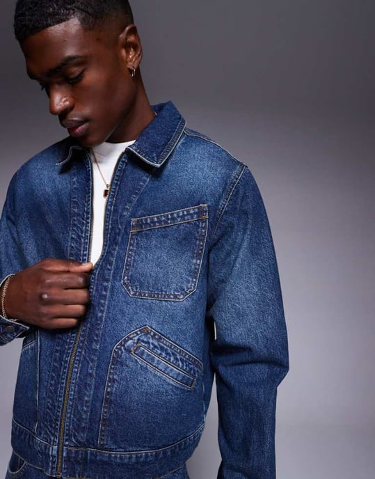 ASOS DESIGN co-ord boxy harrington denim jacket in mid wash blue - Image 1