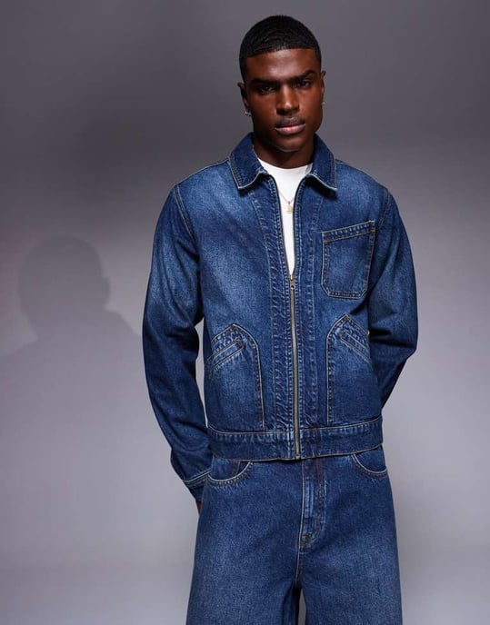 ASOS DESIGN co-ord boxy harrington denim jacket in mid wash blue - Image 2