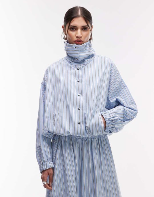 ASOS DESIGN collared button up shirt jacket in blue stripe - Image 1