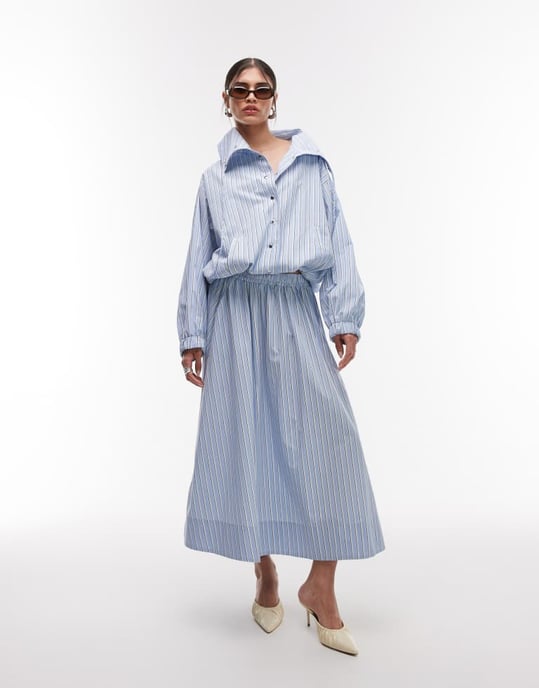 ASOS DESIGN collared button up shirt jacket in blue stripe - Image 4