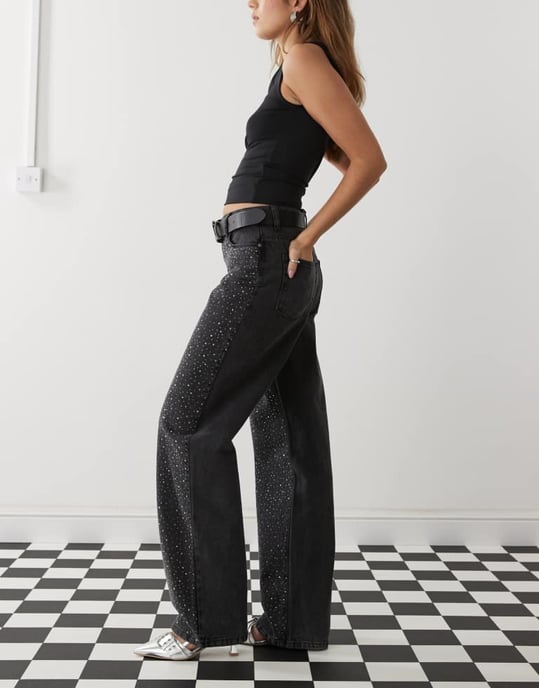 Noisy May Jannel rhinestone högmidjade lösa jeans i svart - Image 2