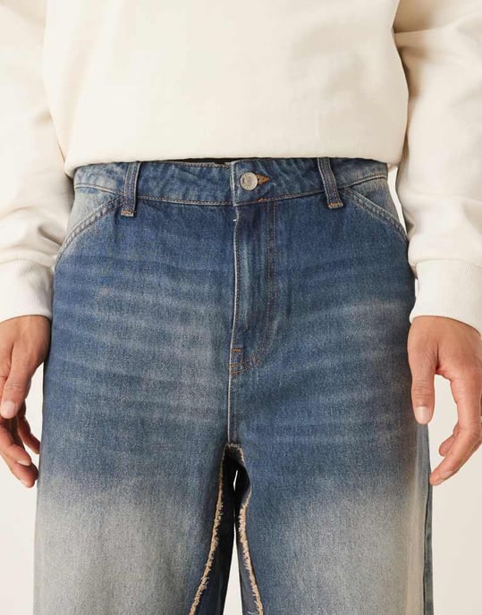 ASOS DESIGN super baggy jeans med rå kant i tvättad indigo - Image 4