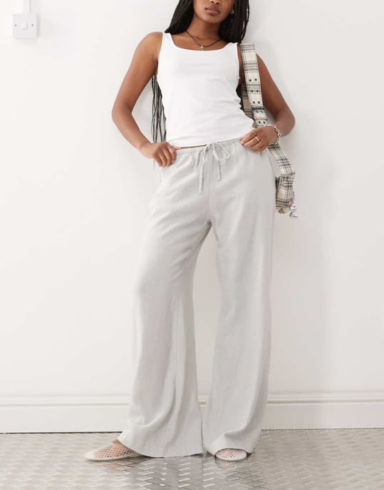 Weekday linen mix wide leg trousers in grey - Image 1