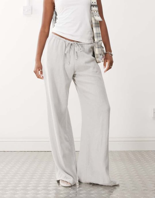 Weekday linen mix wide leg trousers in grey - Image 4