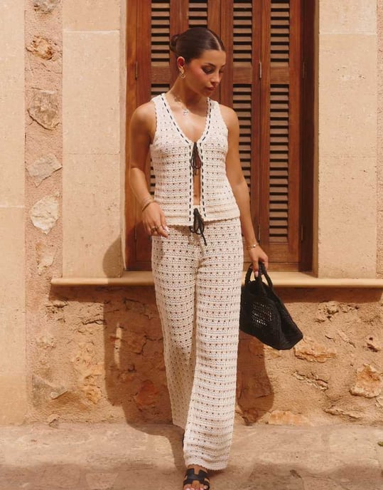 The Frolic x Lydia Kara exclusive crochet contrast thread trim wide leg beach trouser co-ord in cream - Image 1