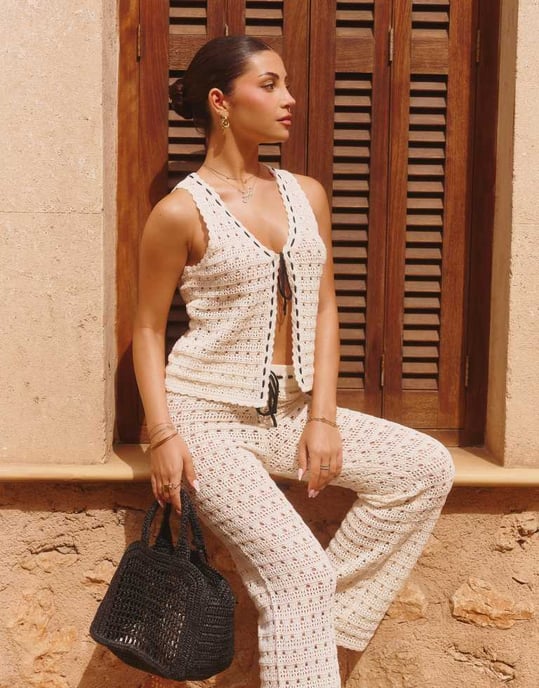 The Frolic x Lydia Kara exclusive crochet contrast thread trim wide leg beach trouser co-ord in cream - Image 2