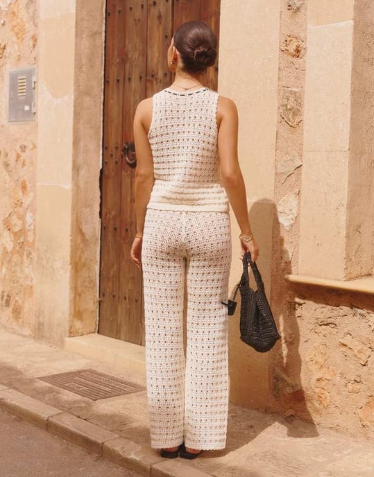 The Frolic x Lydia Kara exclusive crochet contrast thread trim wide leg beach trouser co-ord in cream - Image 3