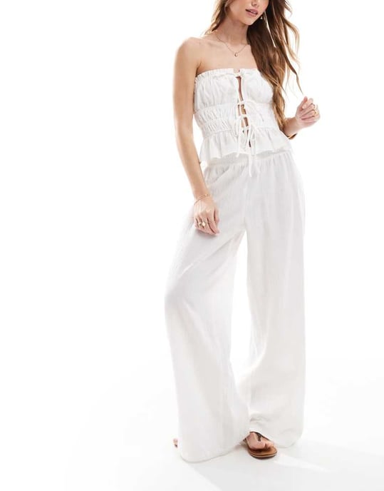 The Frolic exclusive linen blend wide leg shirred waist beach trouser co-ord in white - Image 3