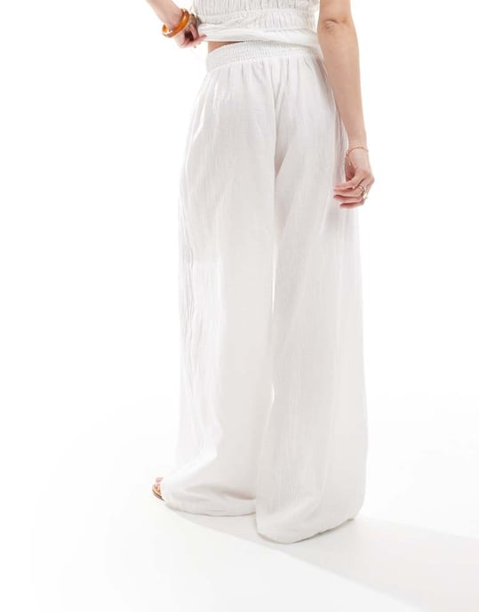 The Frolic exclusive linen blend wide leg shirred waist beach trouser co-ord in white - Image 4