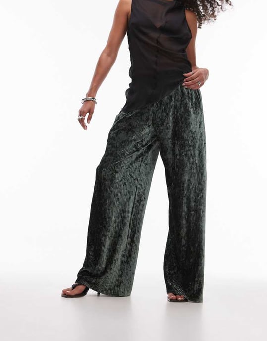 Topshop crushed velvet wide leg trouser with skinny waistband in green - Image 1