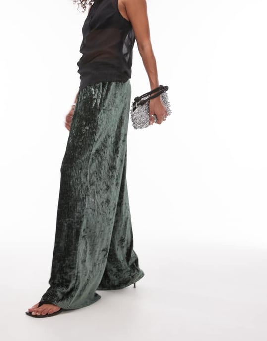 Topshop crushed velvet wide leg trouser with skinny waistband in green - Image 3
