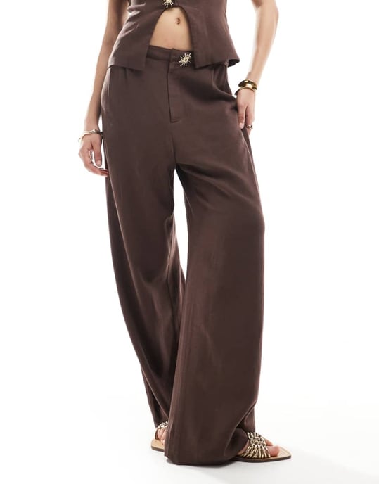 ASOS DESIGN linneblandning vida byxor med detaljer i choklad - Image 2
