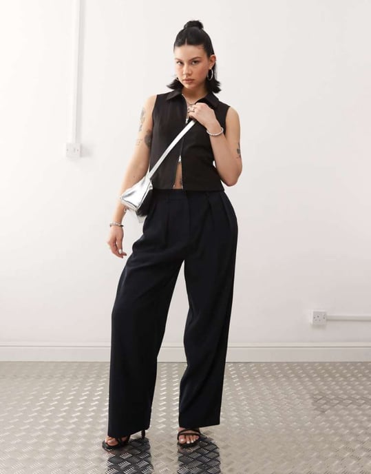 Motel nala slouchy wide leg low rise trousers in navy - Image 1