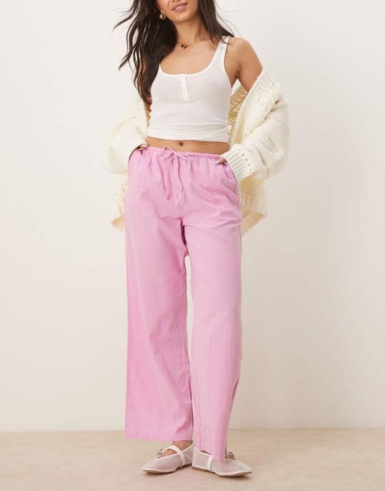 Gina Tricot vid ben linneblandning byxor med dragsko i midjan i rosa - Image 1