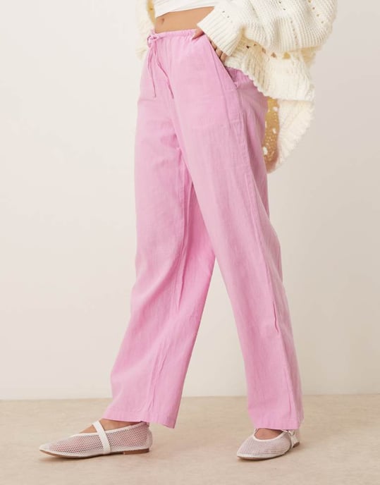 Gina Tricot vid ben linneblandning byxor med dragsko i midjan i rosa - Image 2