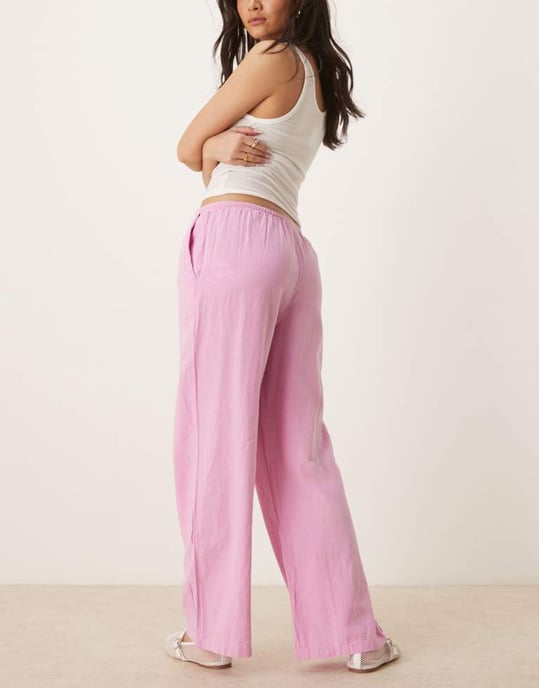 Gina Tricot vid ben linneblandning byxor med dragsko i midjan i rosa - Image 3
