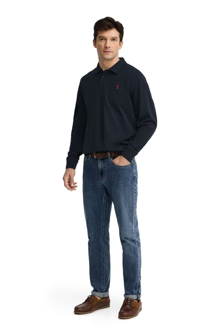 Marineblauwe polo met lange mouwen, regular fit en geborduurd Rigby Go-logo - Image 4