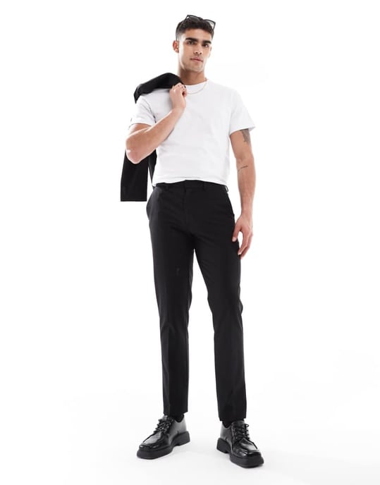 ASOS DESIGN tvättbara slim passform kostymbyxor i lätt kammade ull i svart - Image 1