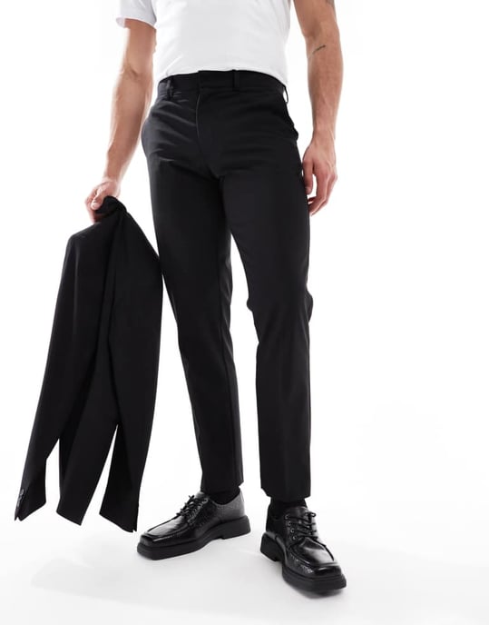 ASOS DESIGN tvättbara slim passform kostymbyxor i lätt kammade ull i svart - Image 2