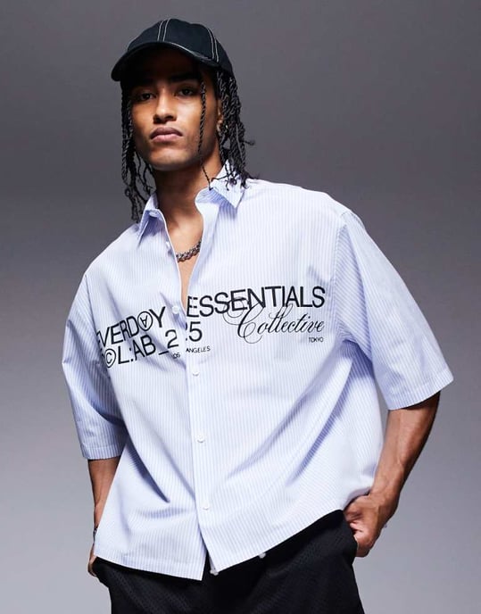 ASOS DESIGN boxig oversized poplin-skjorta med grafik i marinblått - Image 1