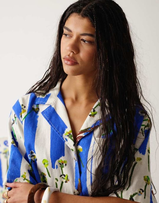 Topshop koord linne resorskjorta i visuell blå samtalsmönster - Image 3