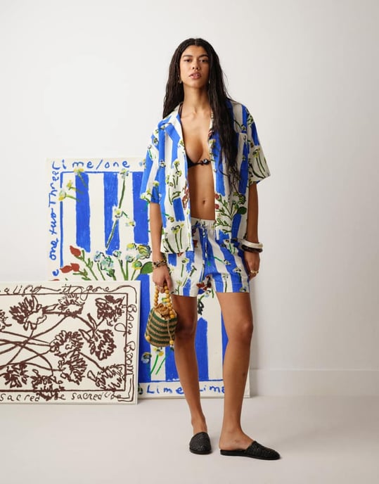 Topshop koord linne resorskjorta i visuell blå samtalsmönster - Image 4