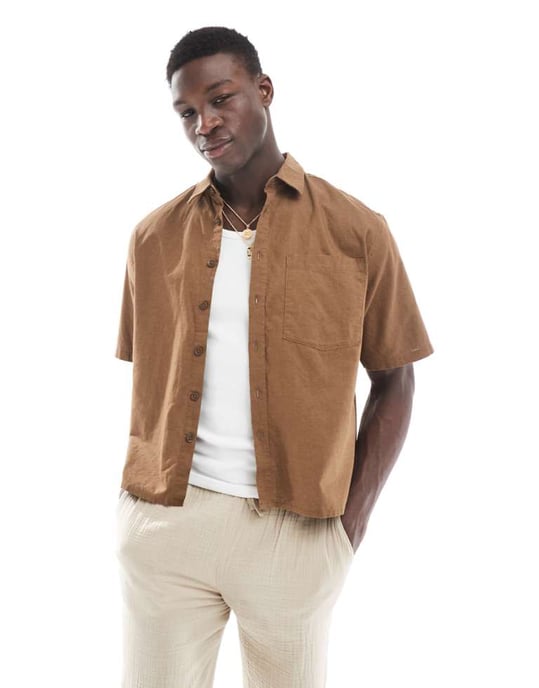 ONLY & SONS boxy fit linneblandning skjorta i brunt - Image 1