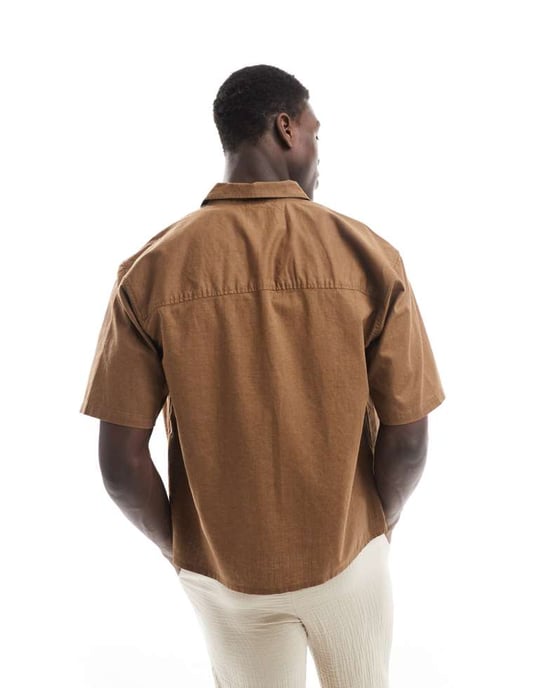 ONLY & SONS boxy fit linneblandning skjorta i brunt - Image 4