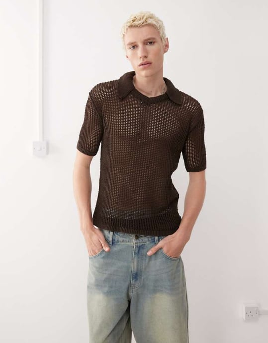 Återvunnen vintage öppen stickad polo tröja i chokladbrun - Image 1