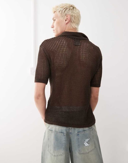 Återvunnen vintage öppen stickad polo tröja i chokladbrun - Image 4