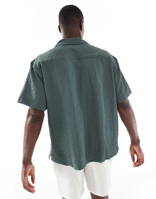 Jack & Jones revere krage seersucker kortärmad skjorta i grön - Image 2