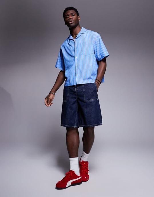 ASOS DESIGN boxig oversized skjorta med revers i röd och blå rand - Image 2