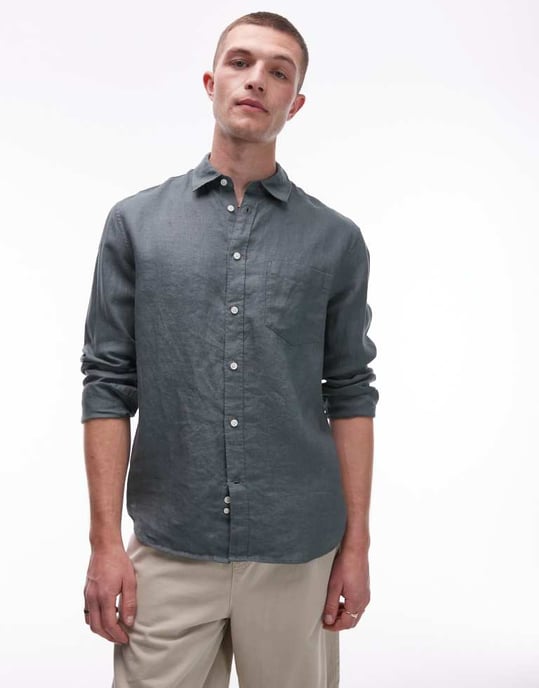 ARKET regular fit linne skjorta i khaki - Image 2