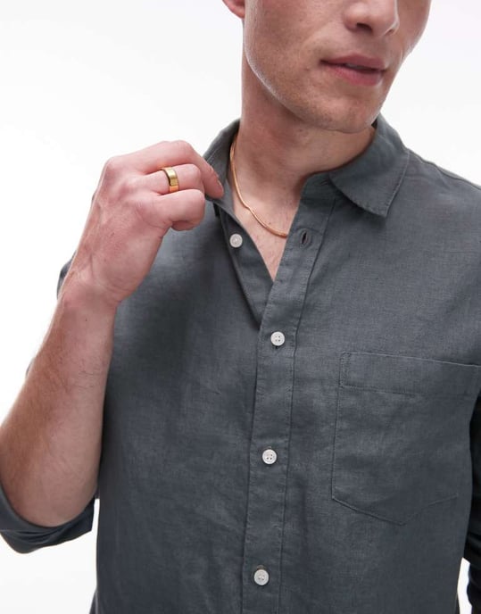 ARKET regular fit linne skjorta i khaki - Image 3