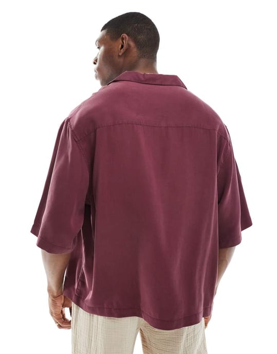 ASOS DESIGN boxy premium oversized kavajskjorta med halv ärm i bordeaux - Image 3