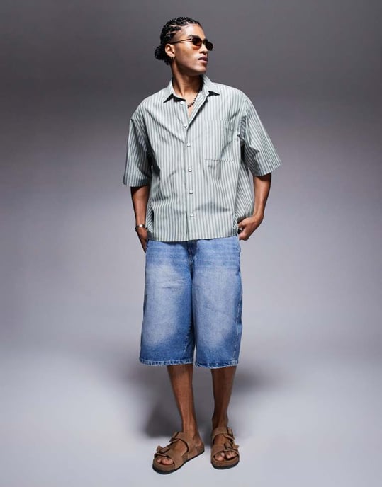 ASOS DESIGN oversized kortärmad randig skjorta i grön - Image 2