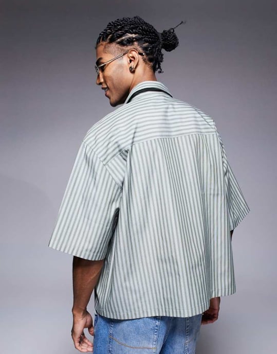 ASOS DESIGN oversized kortärmad randig skjorta i grön - Image 4