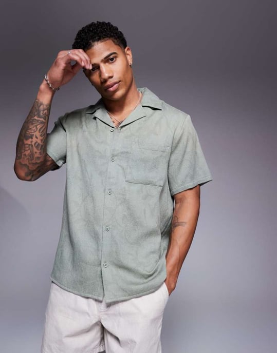 South Beach textured short sleeve beach shirt in green - Image 1