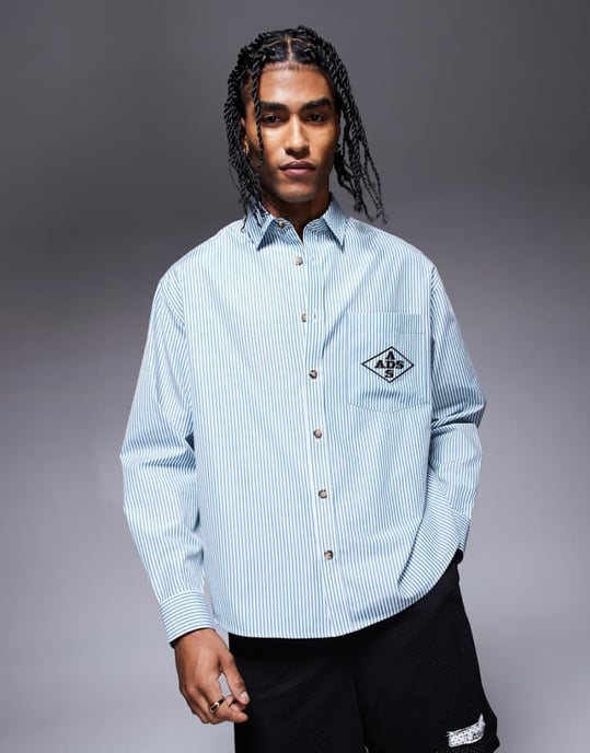 ASOS DESIGN oversize randig skjorta med broderi i grön - Image 1