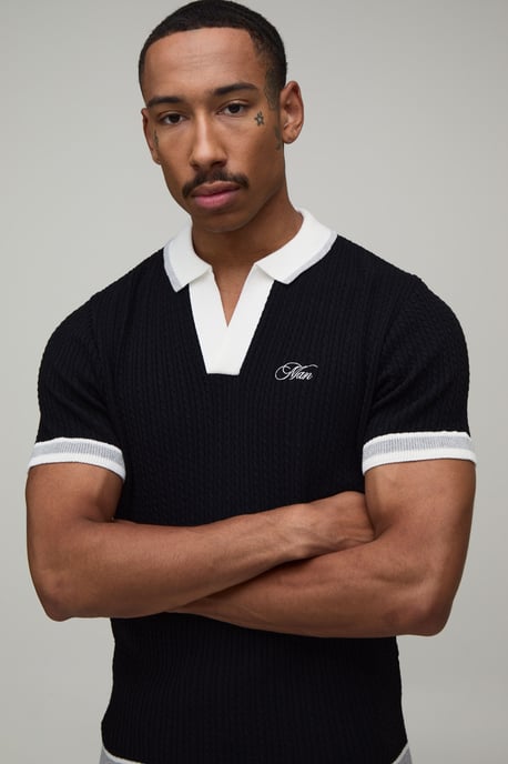 MAN Boxy Cable Embroidered Knitted Polo - Image 3