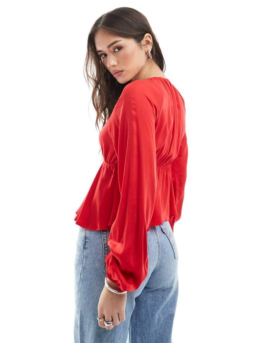 Pimkie tie front long sleeve peplum top in red - Image 4